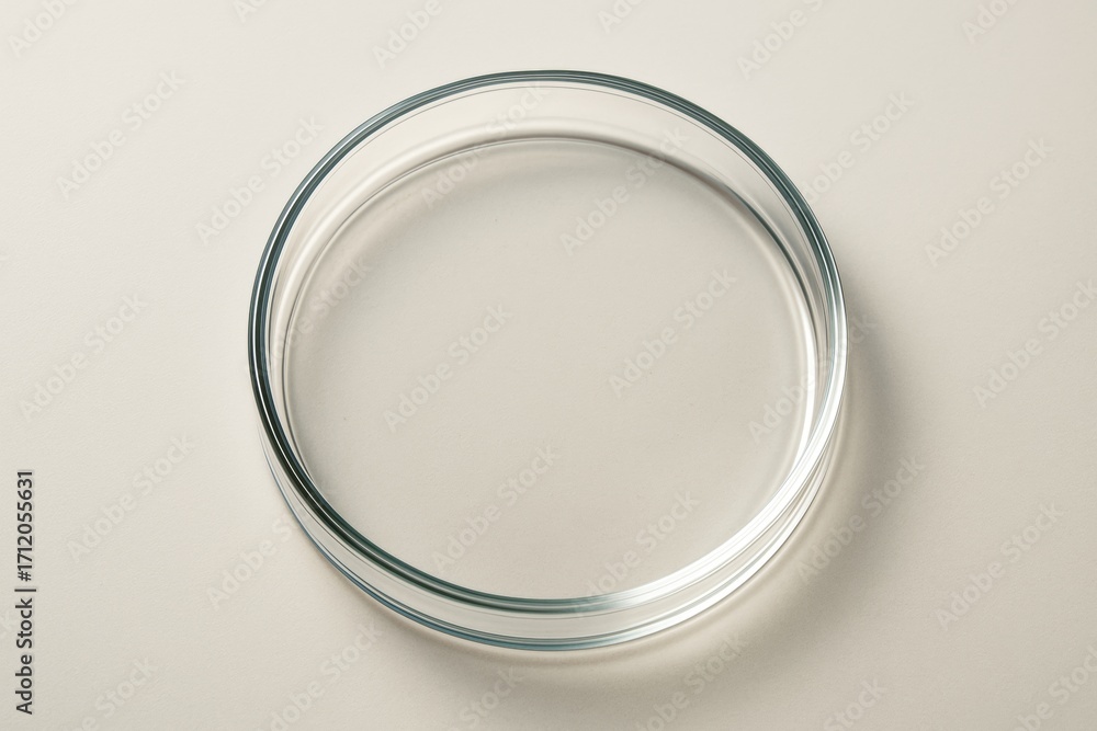 Poster empty clear glass round dish mockup on light beige background for product display or branding presen