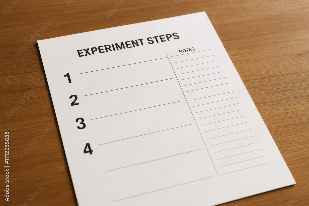 Poster blank experiment steps worksheet with numbered list and notes section on wood surface background und