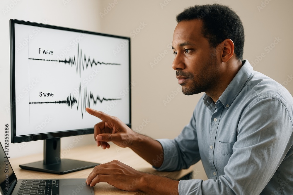 Poster scientist analyzing p wave and s wave seismic data on computer screen in modern office with light ba