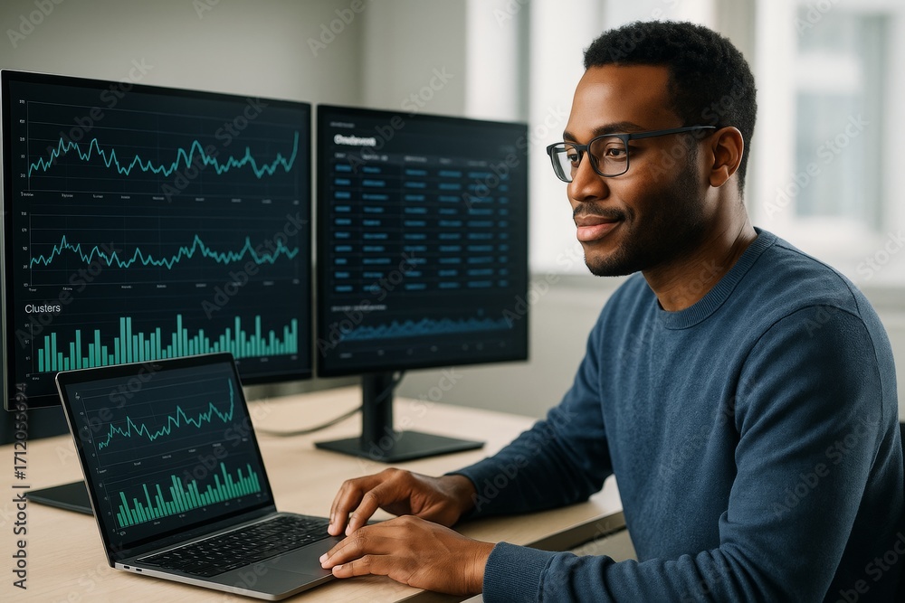 Poster confident data analyst working on laptop with graphs and charts on multiple screens in modern office