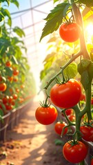 Ripe tomatoes hanging from vines in a greenhouse. Sunlight streams through the structure