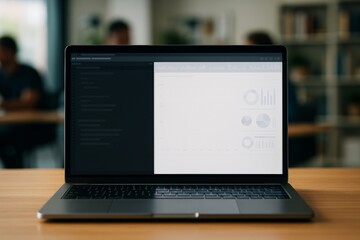 Laptop displaying data analytics dashboard and code editor in modern office environment with blurred background and warm natural light ambiance. Ai generative
