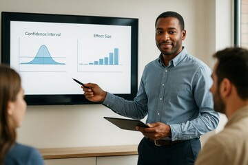Business professional giving data analysis presentation with charts on screen in modern office setting with light background during meeting.. Ai generative