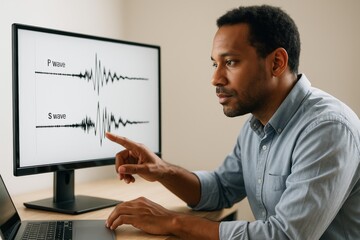 Scientist analyzing P wave and S wave seismic data on computer screen in modern office with light background during research work session. Ai generative