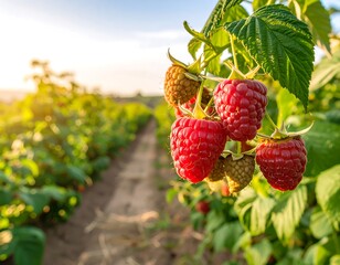 Ripe raspberries on a sunny branch in a field