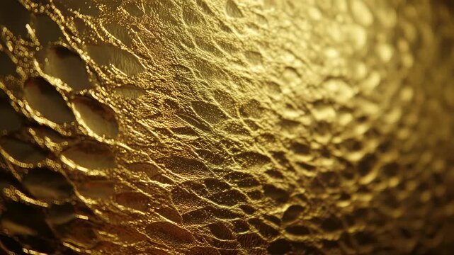 Detailed closeup of golden reptile skin texture with shimmering highlights, realistic style, abstract background, concept of luxury and elegance