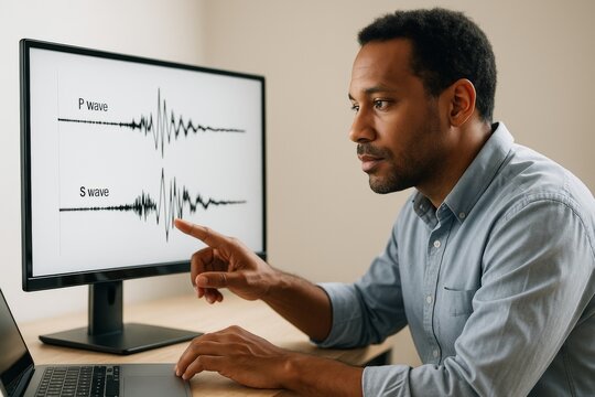 Scientist analyzing P wave and S wave seismic data on computer screen in modern office with light background during research work session. Ai generative