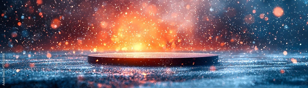 Poster an empty illuminated podium stands on a textured surface amidst a display of glowing orange and blue