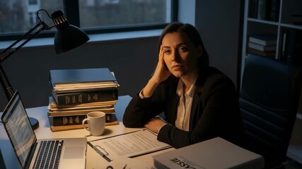 Exhausted young businesswoman sleeping at her desk while working late at night in the office. Tired female professional feeling burnout from overwork and stress.