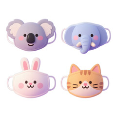 Cute Animal Face Masks, Pastel Colors with Transparent Background, 3D Realism Design Elements