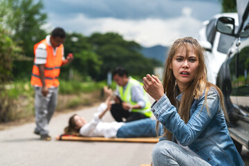 shocked woman hit person cover face having big problem. scared asian woman headache after making mistake drive car irresponsibly. stressed asian woman scared from car accident hit woman on roadside