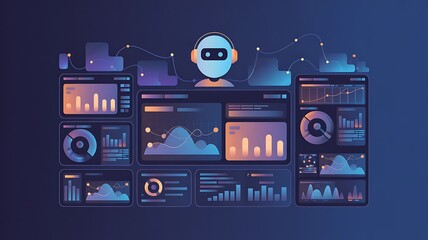 Artificial intelligence robot with data analysis dashboards and interconnected digital information flow on dark blue background