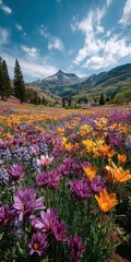 Obraz premium A breathtaking vista of a colorful wildflower meadow flourishing beneath a towering mountain range, illuminated by a bright blue sky, capturing the essence of nature's vibrant beauty