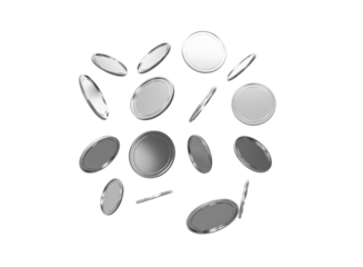 Shiny blank silver coins falling against a black background, symbolizing