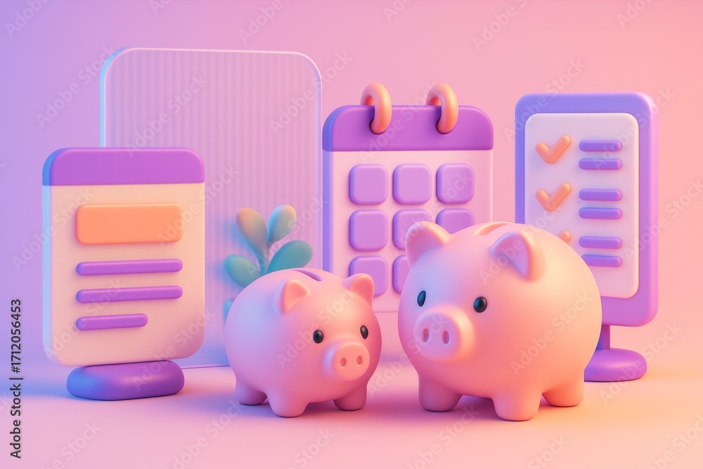 Poster cute piggy banks with calendar and checklist icons in pastel pink and purple 3d style on soft abstra