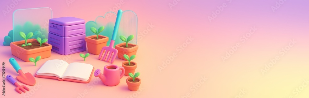 Poster gardening tools, potted plants, and notebook arranged on colorful surface with gradient background a