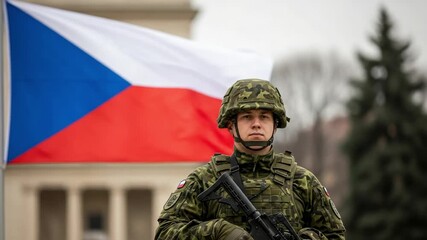 Patriotic Czech army soldier in full combat gear holding a rifle stands proudly before the national flag.