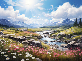 Outstanding Photo of Dandelion field with a mountain backdrop