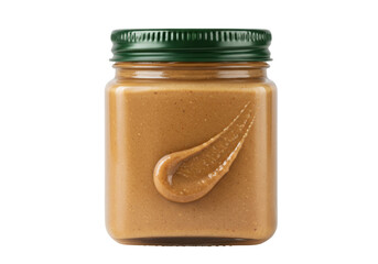 Isolated peanut butter jar with spoon, a close-up shot for packaging or food marketing needs