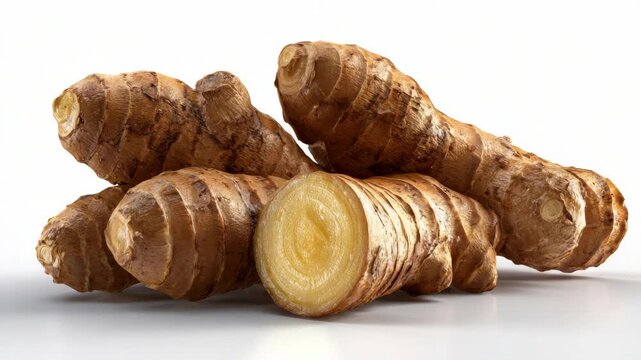 Fresh galangal root pile with one sliced to show yellow interior, realistic style, isolated on white background, concept of exotic spices