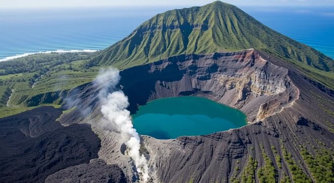 Aerial view of mount tambora caldera with turquoise lake and volcanic activity near the coastline