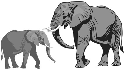 Fototapeta premium African Elephant Illustration Grey Scale Two Sizes Wildlife Animal Mammal Vector Graphic Nature Art Zoo Animal Savannah Animal Endangered Species Conservation Tusk Trunk Big Animal.