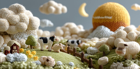 fantasy knitted cartoon farm scene, dreamy, cozy