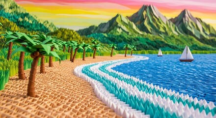 Vibrant plasticine illustration of a serene tropical island paradise with a sandy beach, sailboat, and lush green mountains at sunset