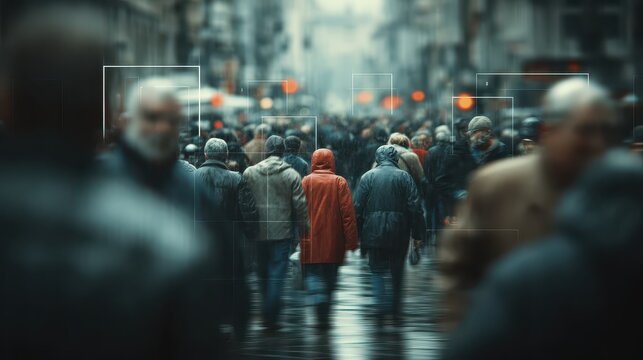 People walk through urban area on rainy day with artificial intelligence technology tracking them