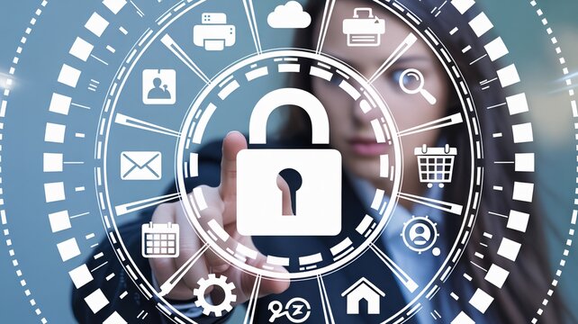 Secure digital network with padlock and business icons on touchscreen interface