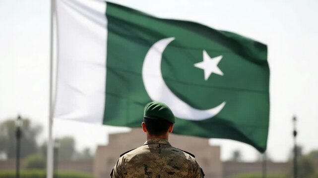 Rear view of a male soldier in a camouflage uniform and green beret standing before the large waving national flag of Pakistan.