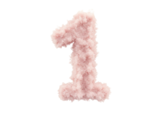 Isolated fluffy pink number one figure for design concept, cotton, softness, texture