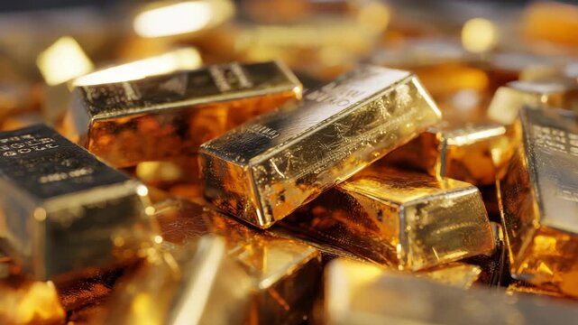 Close-up of multiple gold bars stacked randomly, realistic photography style, on a blurred background. Concept of wealth and precious metals