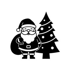 Cheerful Santa Claus with Sack and Christmas Tree Silhouette.