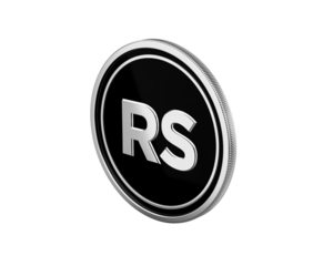 3D rendered silver coin with RS currency symbol, isolated on black, for finance.