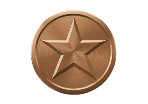 Isolated bronze token with star shape, commemorative coin, success medal, achievement reward
