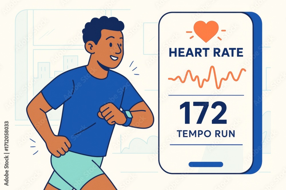 Aufkleber man jogging with smartwatch tracking heart rate on digital display, showing 172 bpm during tempo run