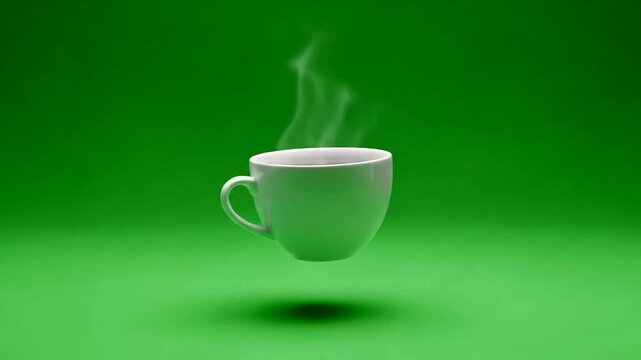 A steaming white coffee cup floats against a vibrant green background.