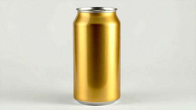 Shiny golden aluminum can standing upright, realistic style, on light plain background. Concept of beverage packaging or product design