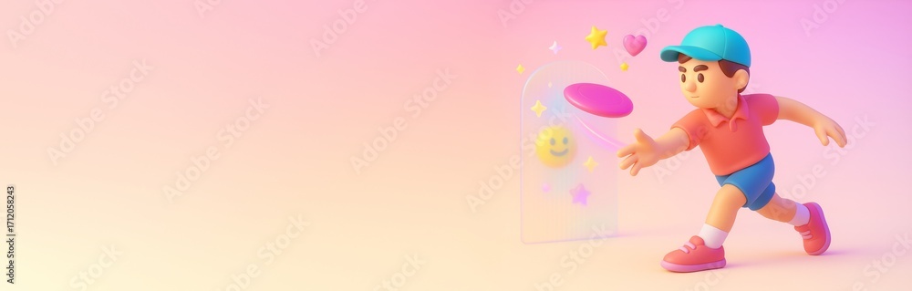 Poster cartoon boy playing frisbee on colorful background with space for text, sport activity concept with 