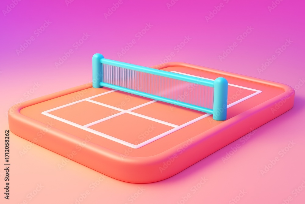 Aufkleber abstract colorful sport court with net in minimal 3d style on pink gradient background, representing