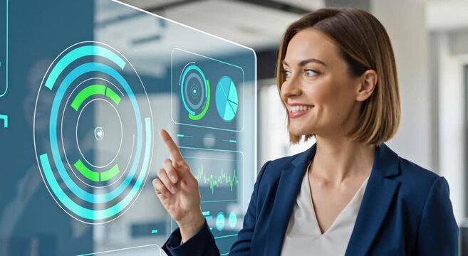 Woman in blue suit interacting with futuristic transparent display showing data visualizations