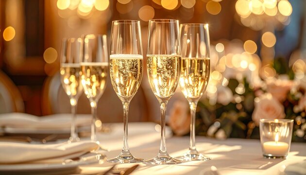 Champagne flutes with sparkling wine on elegant table setting—festive celebration visual for editorial, branding, or luxury-themed campaign design."