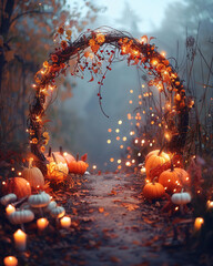 Halloween Floral Frame with Pumpkins and Mushrooms, cinematic rim lighting, ultra-detailed 8k