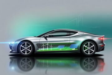 Sleek modern car silhouette with clean energy features, including wind turbines and solar panels, highlighting eco friendly transportation and renewable energy sources