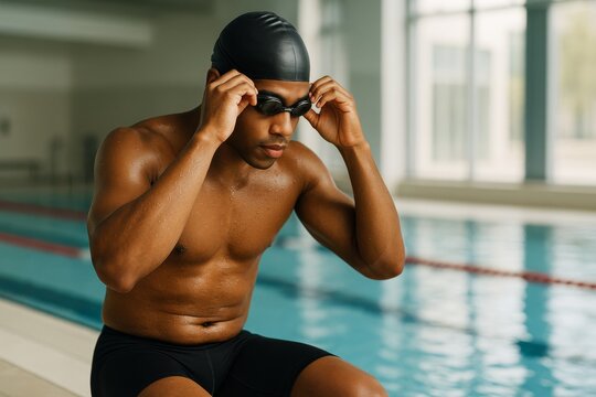 Focused male swimmer adjusting goggles beside indoor pool in natural light, preparing for training or competition in a modern aquatic facility. Ai generative - Powered by Adobe