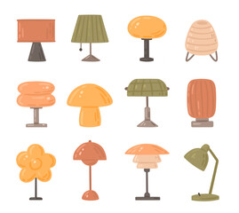 Different modern table lamps. Hand-drawn illustrations of cozy home lightning. Vector set of fashion Design interior elements.