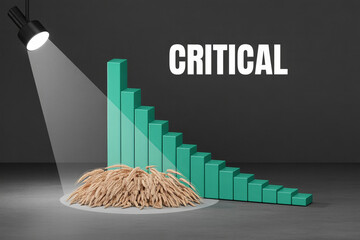Declining bar graph illuminated by spotlight with word CRITICAL indicating urgent decline or failure, symbolizing critical situation or performance drop