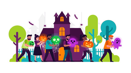Spooky Festivities: Illustrative artwork captures a lively Halloween gathering, featuring diverse individuals with glowing pumpkin, skull, and ghost motifs, gathered around a haunted house.