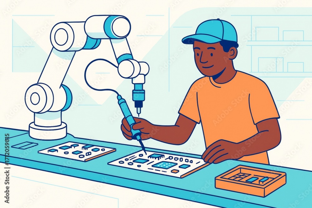 Aufkleber technician assembling circuit board with robotic arm in modern lab, on light background, using creat